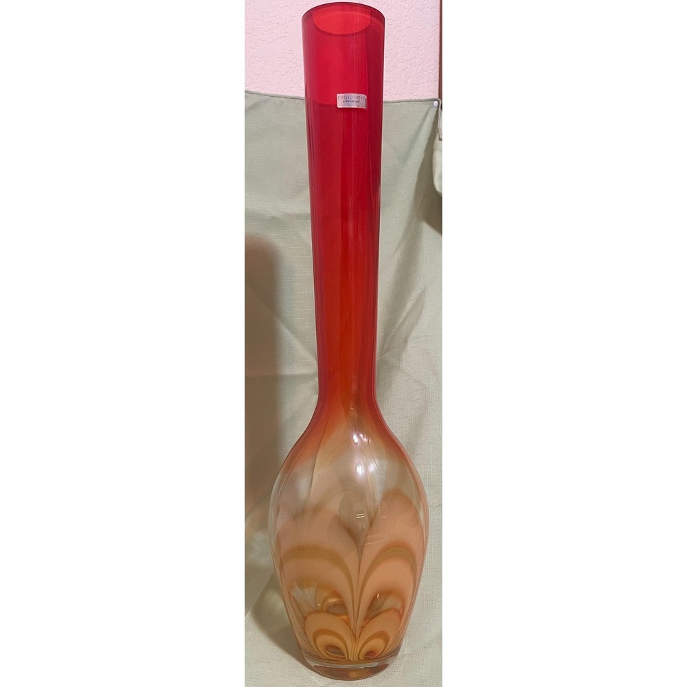 24" Evolution by Waterford Art Glass Vase - Red & Amber Swirl - Signed